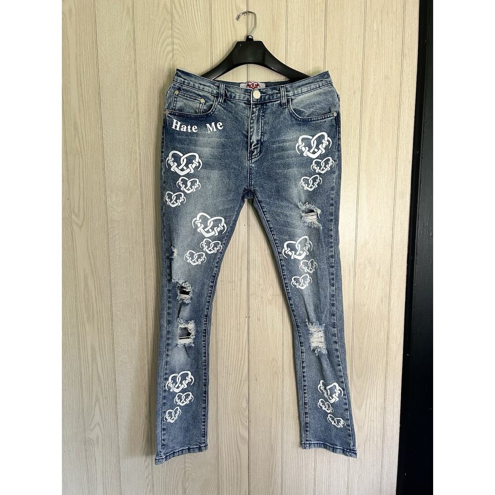 HATE ME 3m Reflective Heart Print Unisex Streetwear Jeans Size 32 Made In China